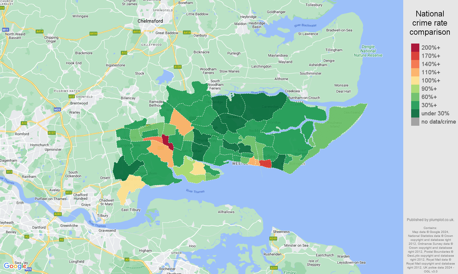Southend on Sea antisocial behaviour crime rate comparison map