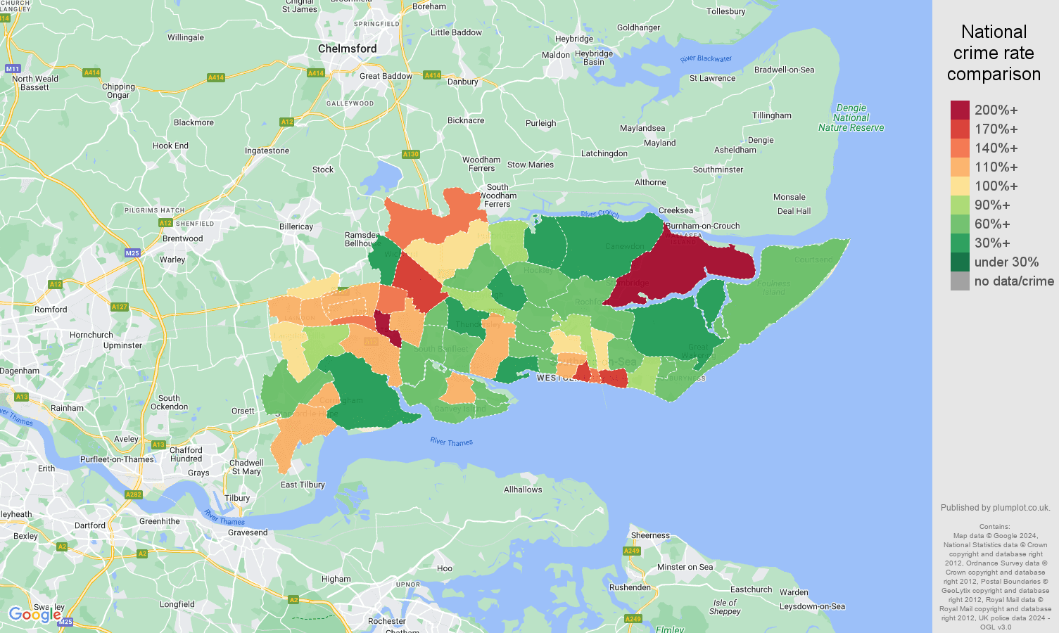 Southend on Sea burglary crime rate comparison map