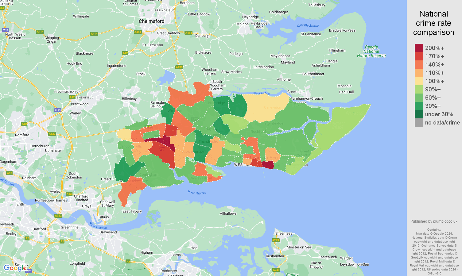 Southend on Sea criminal damage and arson crime rate comparison map