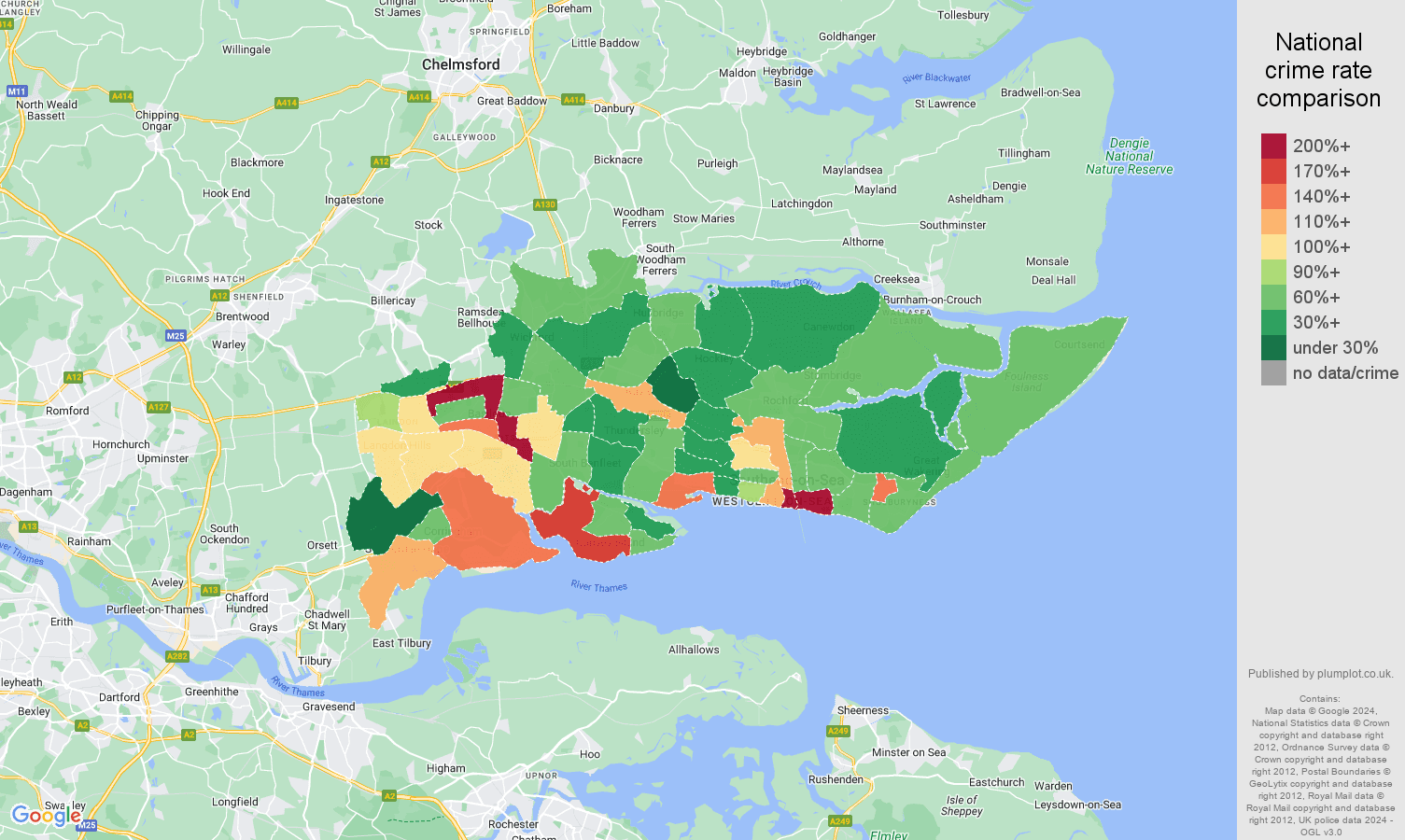 Southend on Sea other theft crime rate comparison map