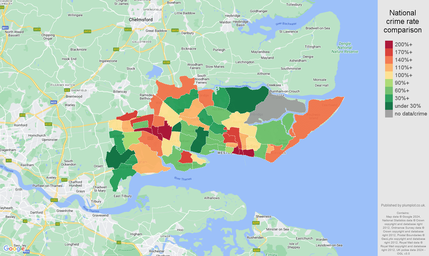 Southend on Sea possession of weapons crime rate comparison map