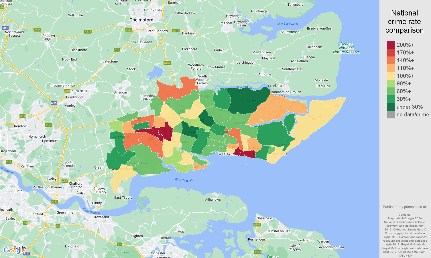 Southend on Sea public order crime rate comparison map