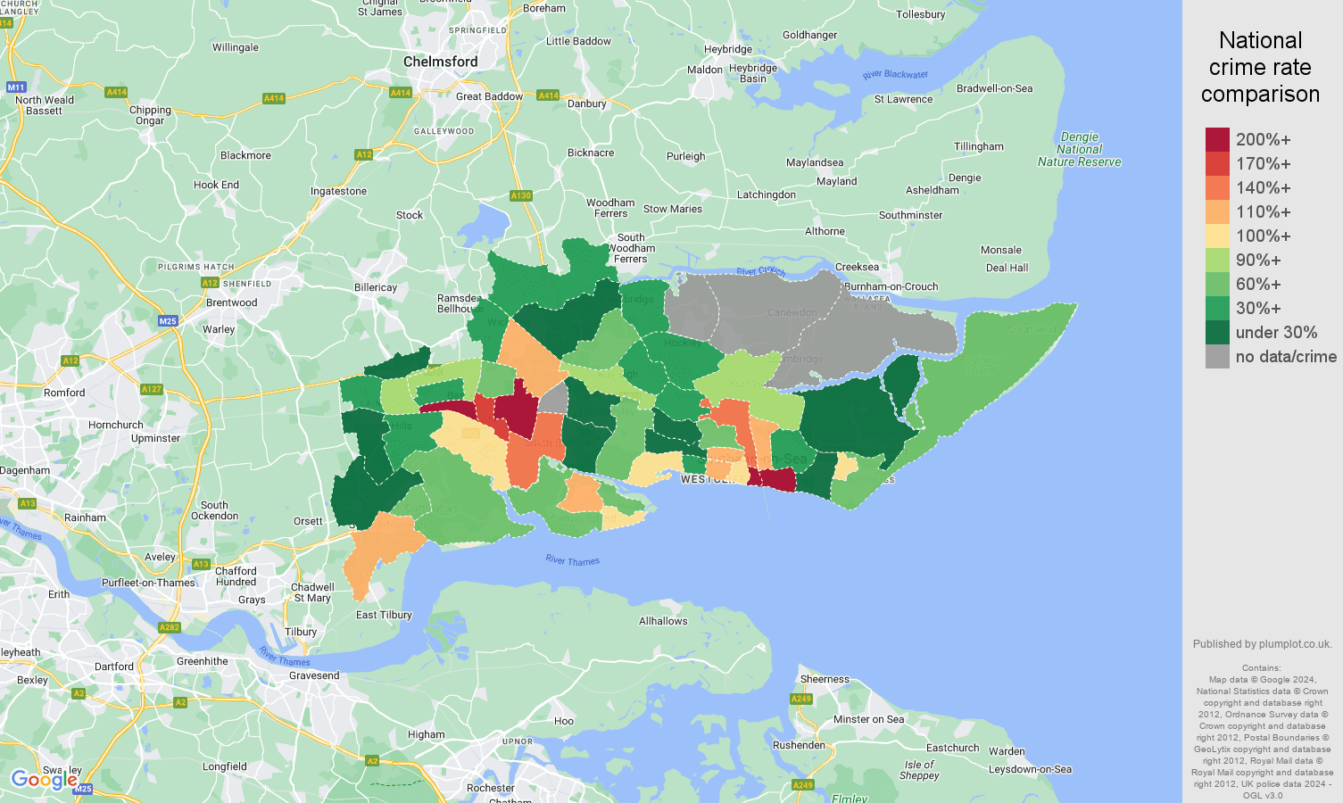 Southend on Sea robbery crime rate comparison map