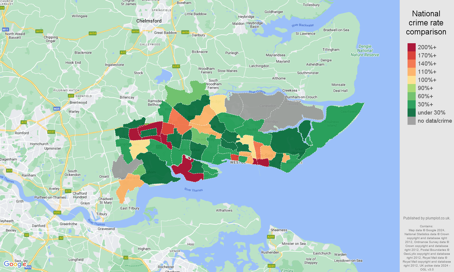Southend on Sea shoplifting crime rate comparison map
