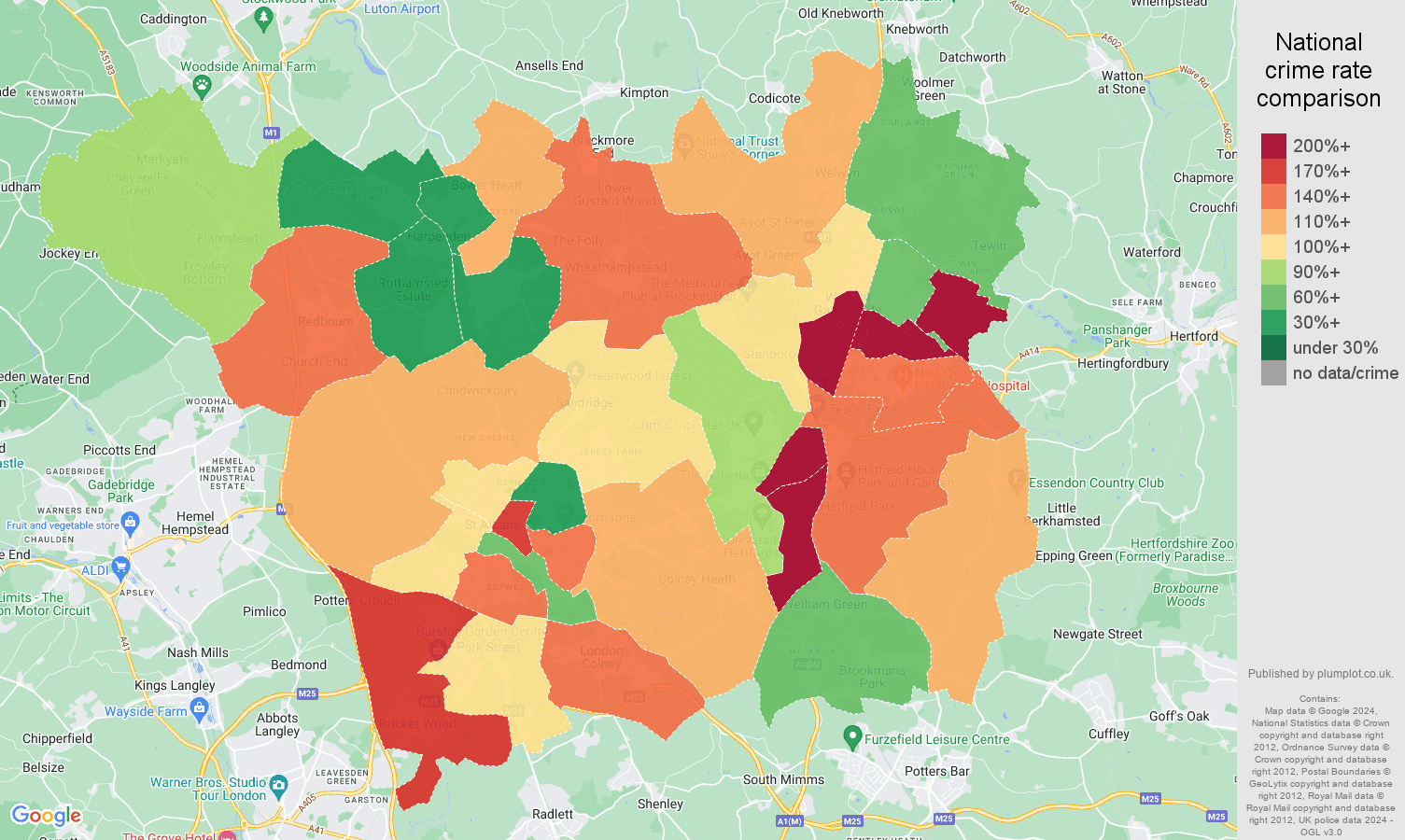St Albans antisocial behaviour crime rate comparison map