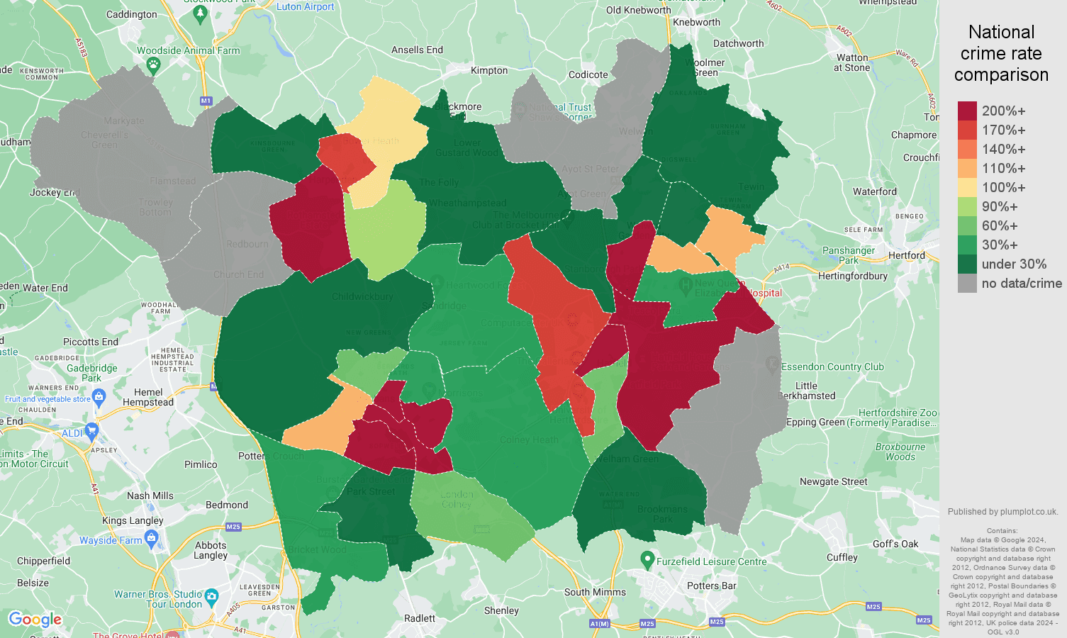 St Albans bicycle theft crime rate comparison map
