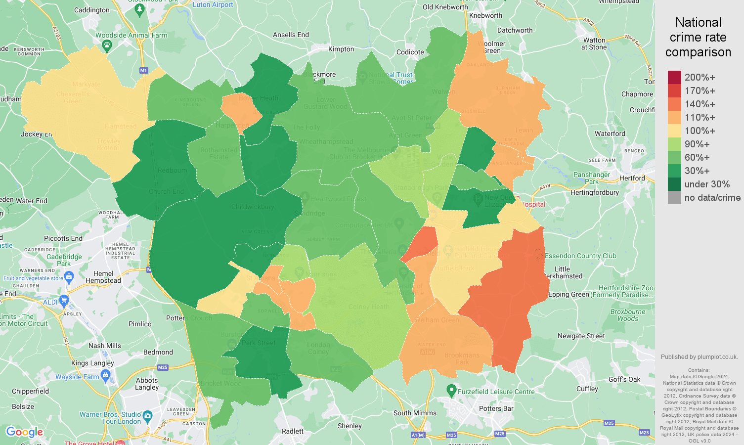St Albans burglary crime rate comparison map