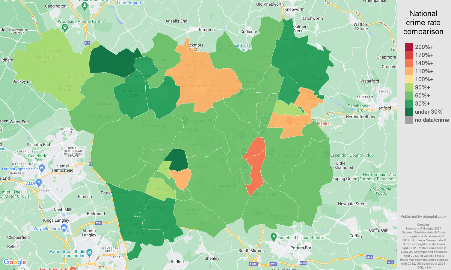 St Albans criminal damage and arson crime rate comparison map