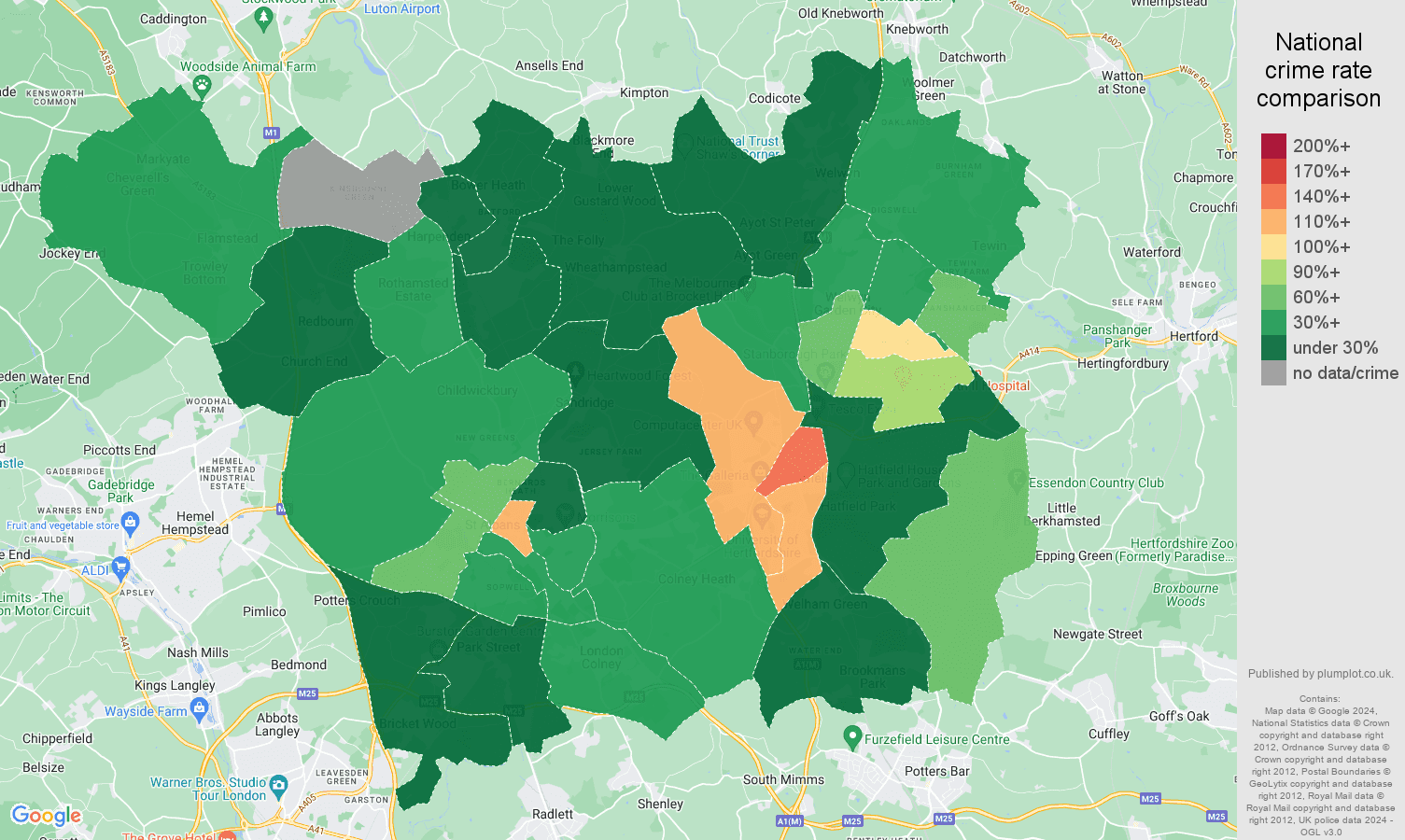 St Albans drugs crime rate comparison map