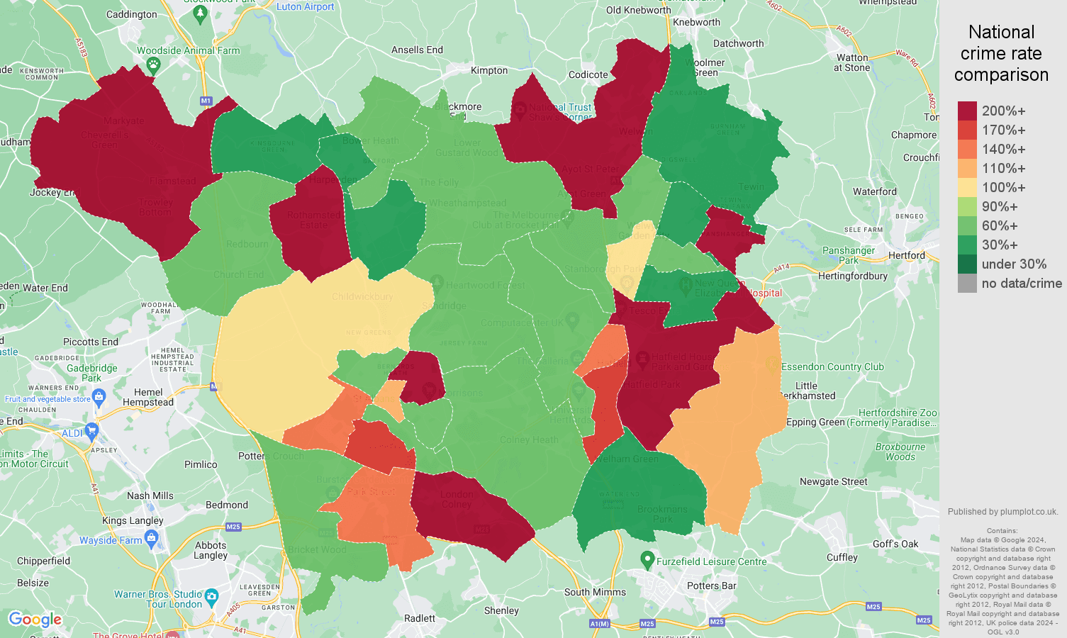 St Albans other theft crime rate comparison map