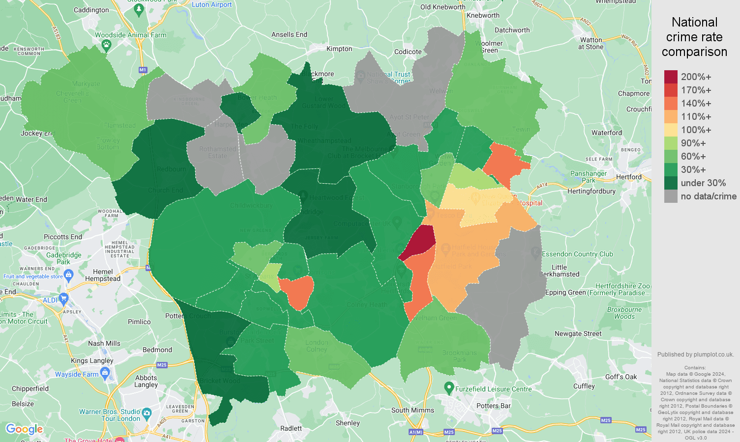 St Albans possession of weapons crime rate comparison map