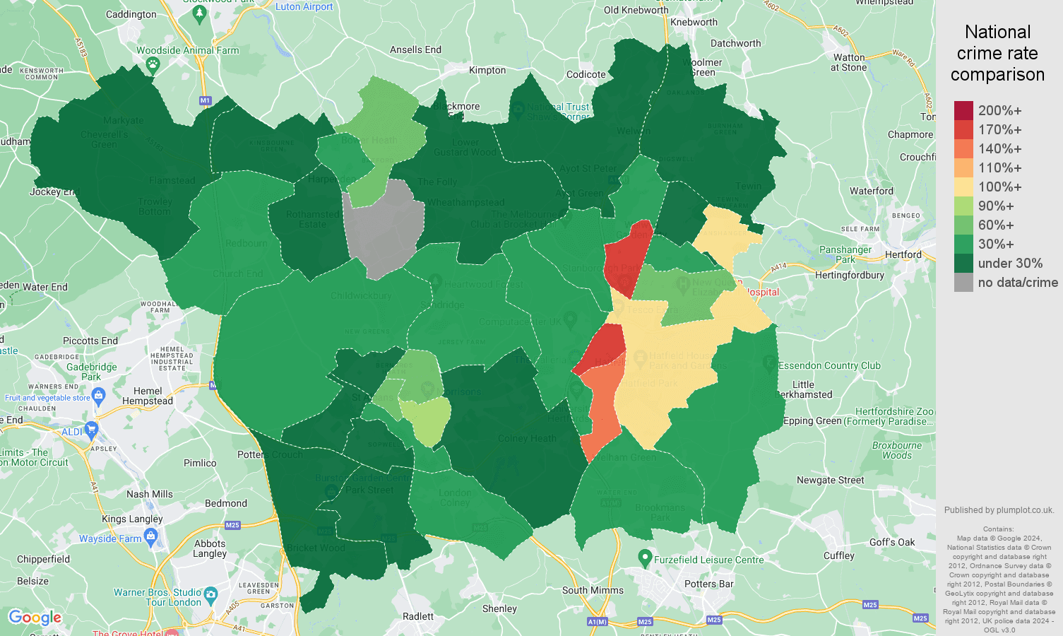 St Albans robbery crime rate comparison map