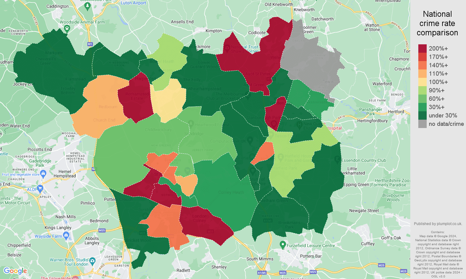 St Albans shoplifting crime rate comparison map
