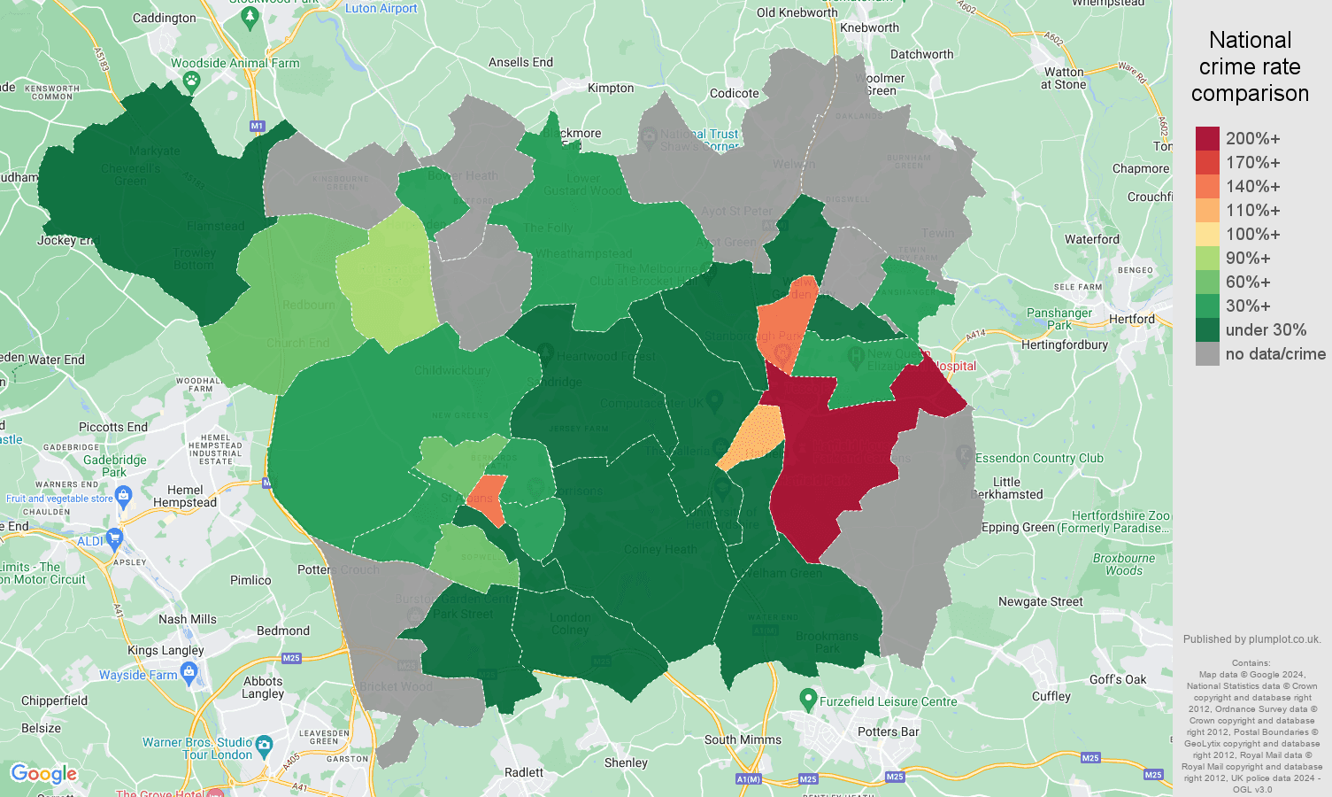 St Albans theft from the person crime rate comparison map