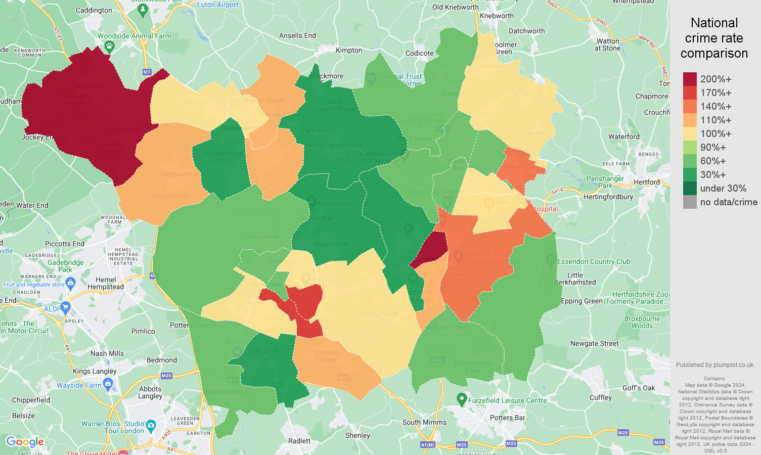 St Albans vehicle crime rate comparison map