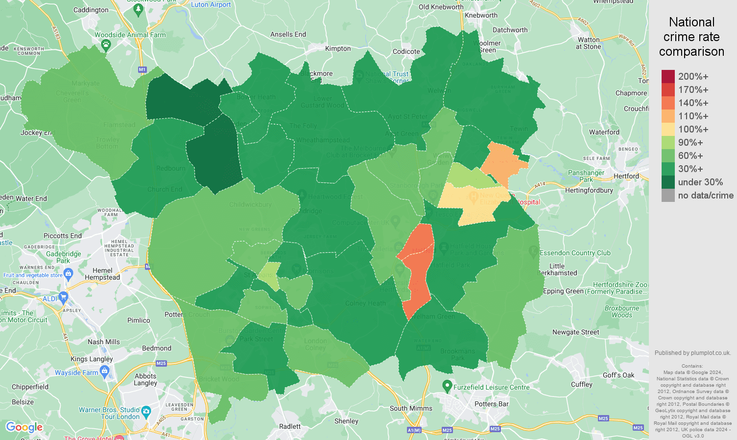 St Albans violent crime rate comparison map