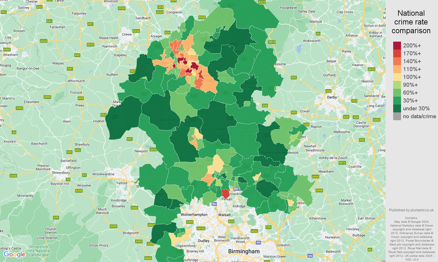 Staffordshire antisocial behaviour crime rate comparison map
