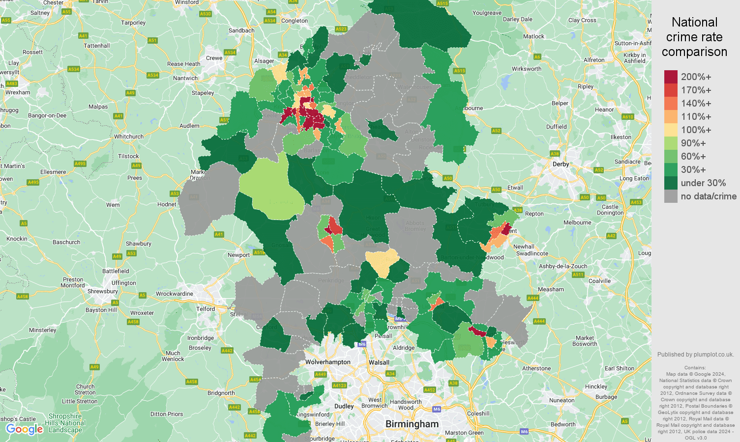 Staffordshire bicycle theft crime rate comparison map