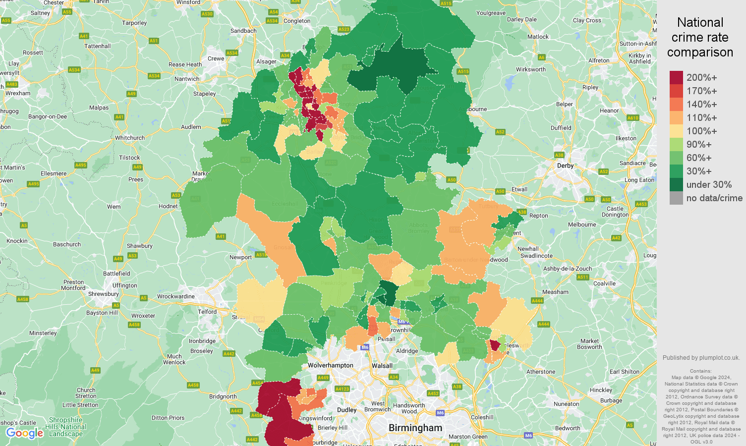 Staffordshire burglary crime rate comparison map