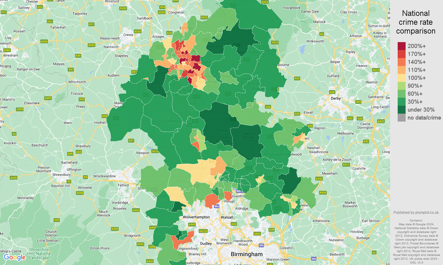 Staffordshire criminal damage and arson crime rate comparison map