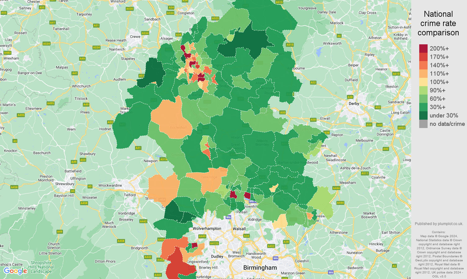 Staffordshire other theft crime rate comparison map