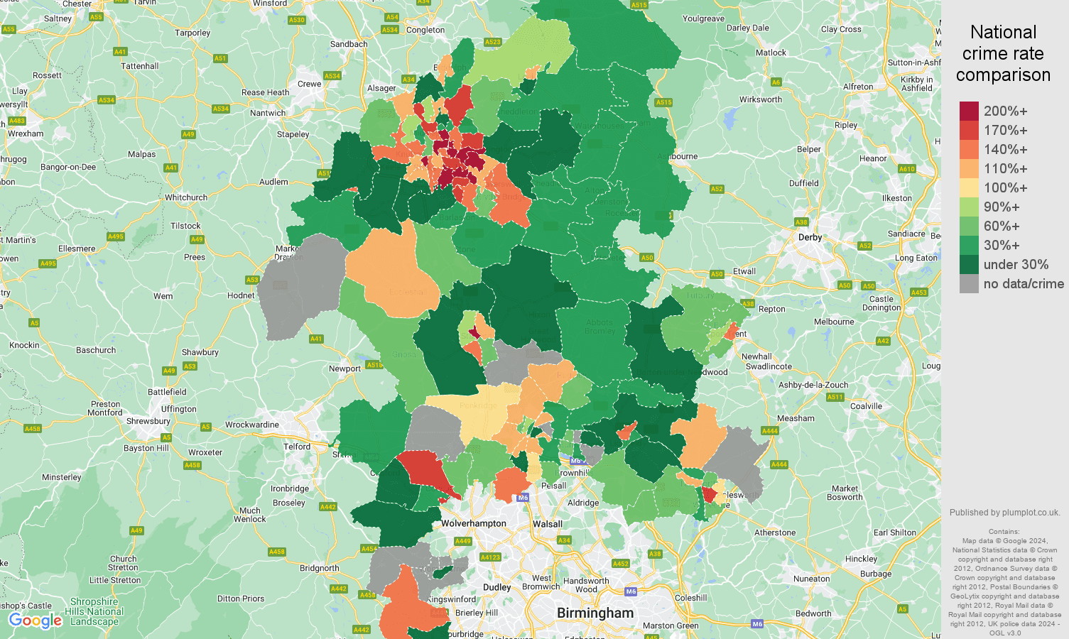 Staffordshire possession of weapons crime rate comparison map