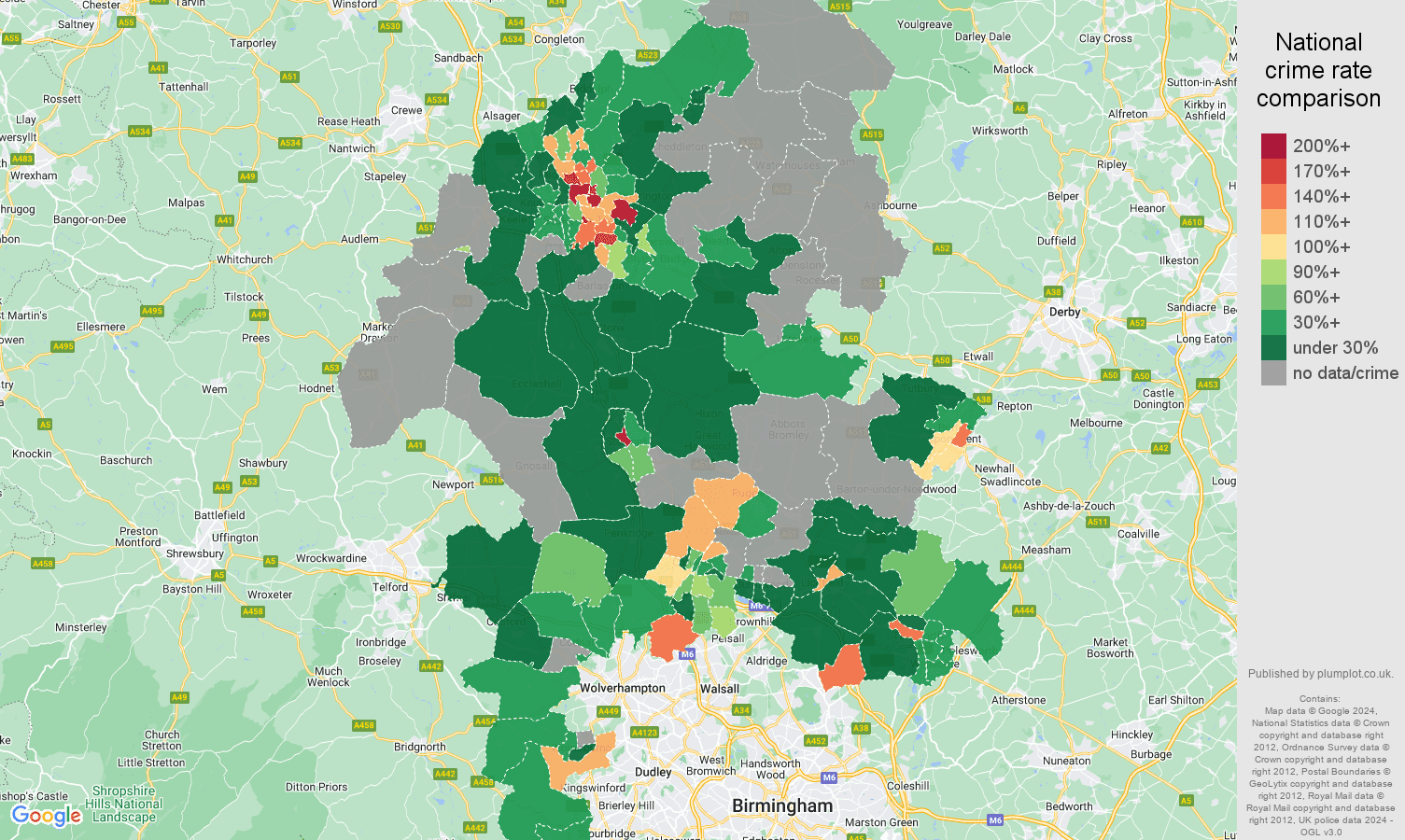 Staffordshire robbery crime rate comparison map