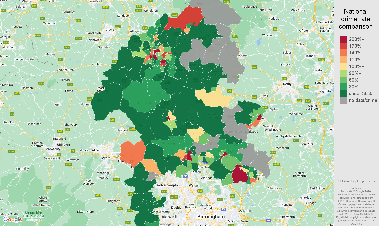 Staffordshire shoplifting crime rate comparison map