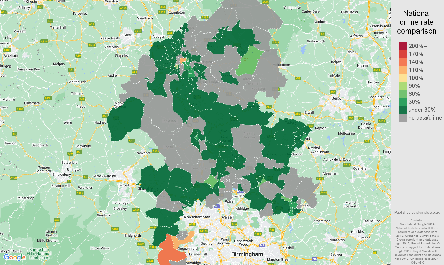 Staffordshire theft from the person crime rate comparison map