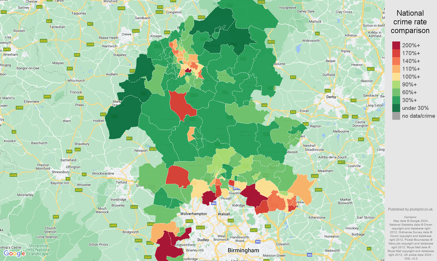 Staffordshire vehicle crime rate comparison map