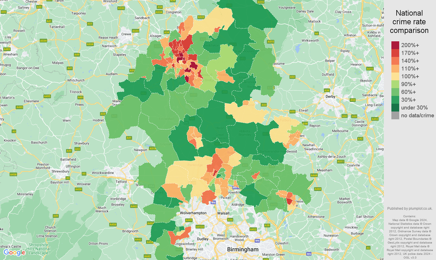 Staffordshire violent crime rate comparison map