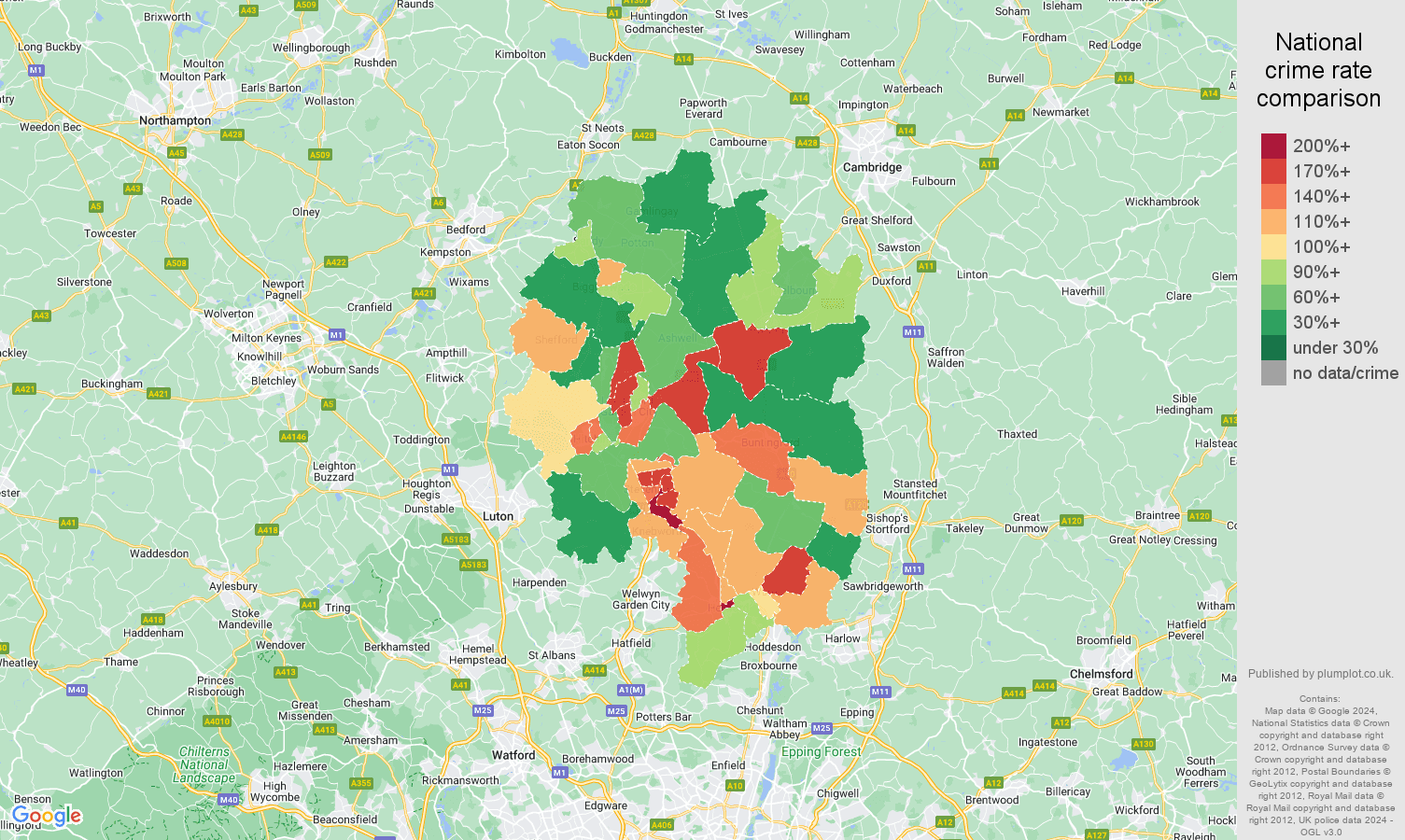 Stevenage antisocial behaviour crime rate comparison map