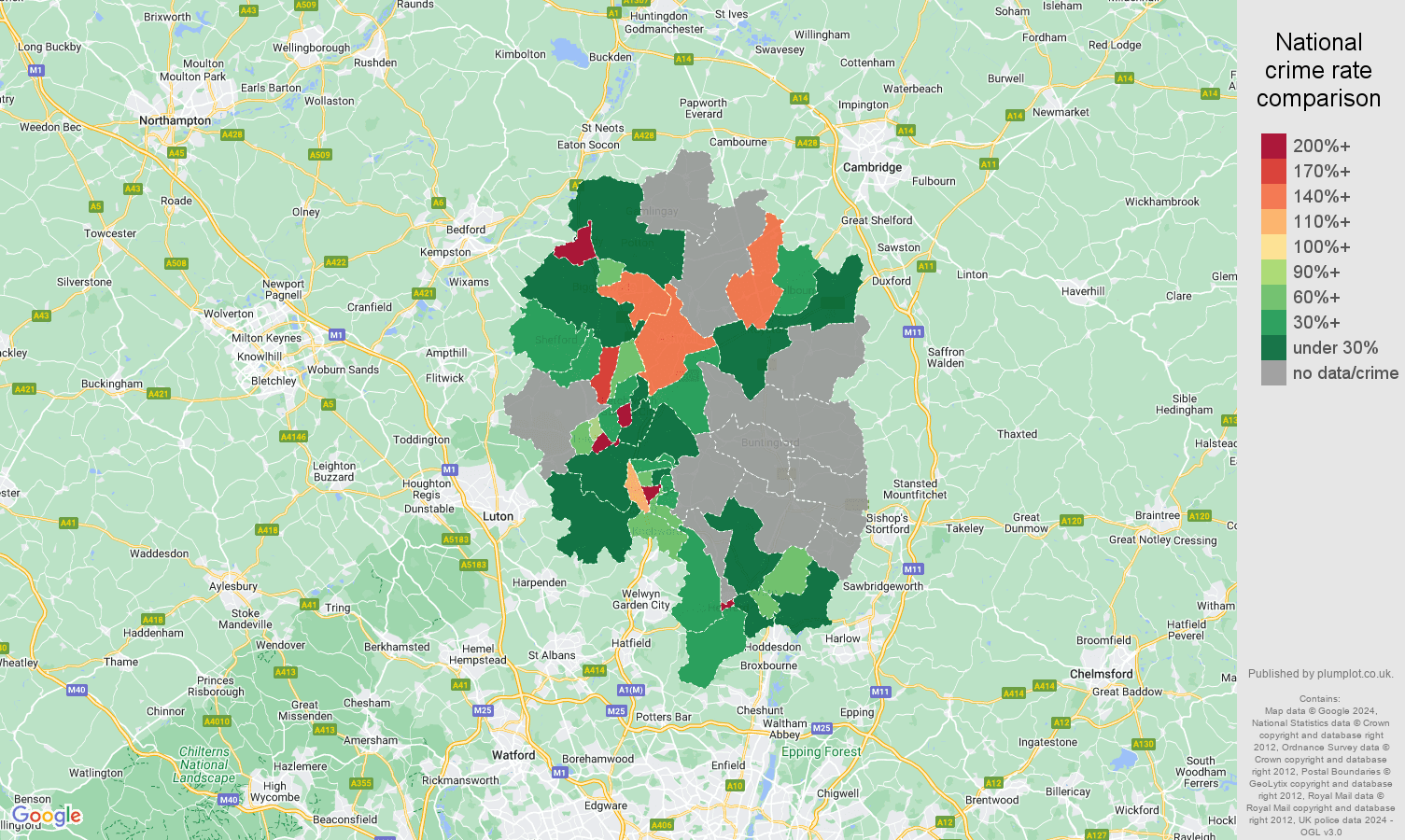 Stevenage bicycle theft crime rate comparison map