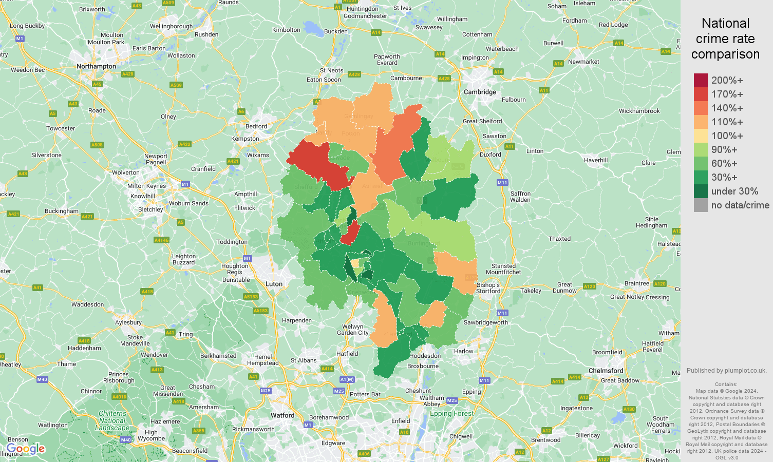 Stevenage burglary crime rate comparison map