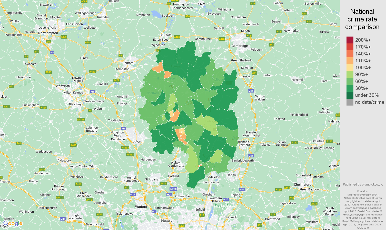 Stevenage crime rate comparison map