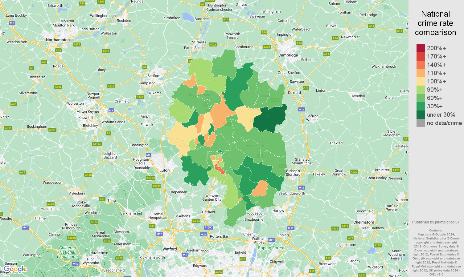 Stevenage criminal damage and arson crime rate comparison map