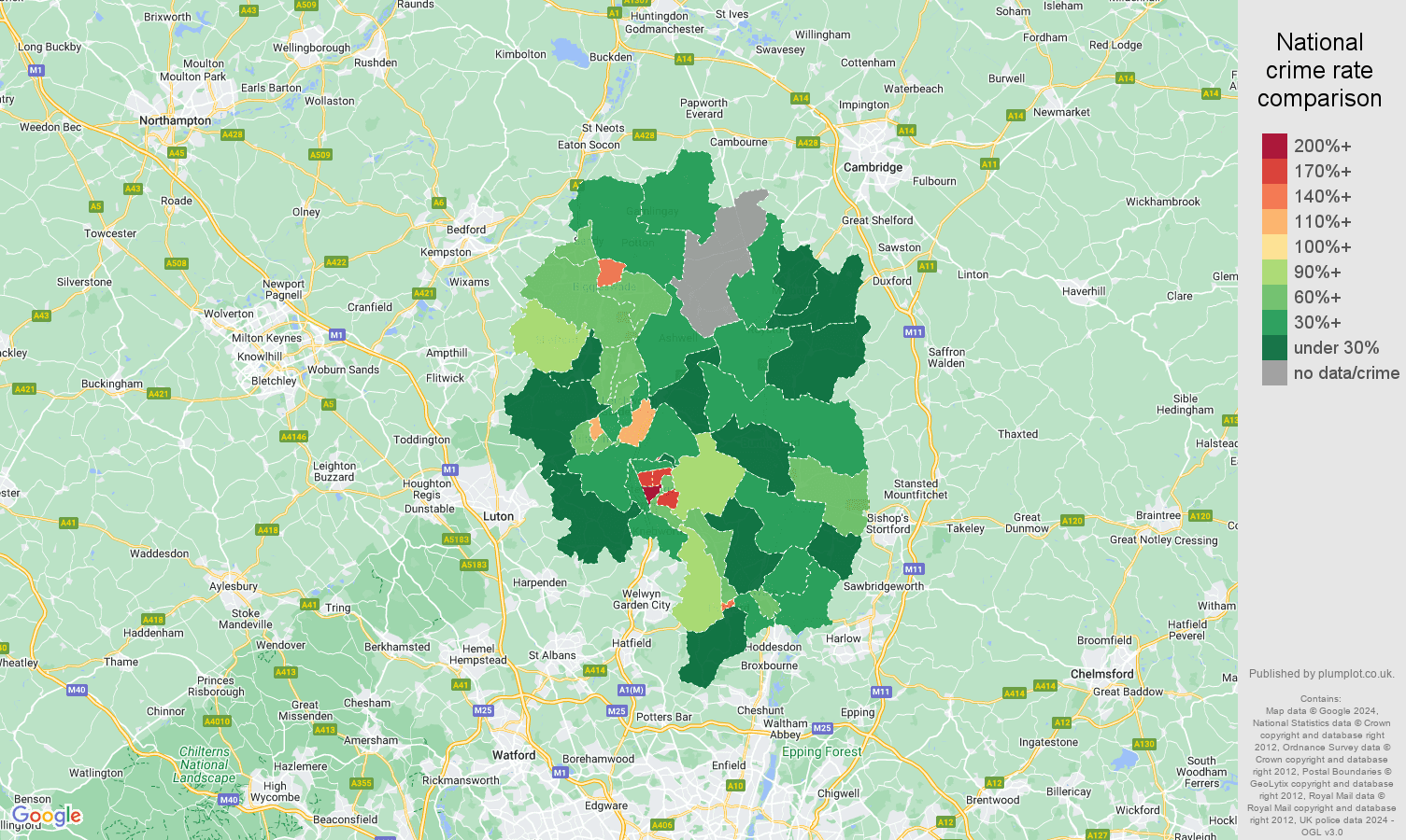 Stevenage drugs crime rate comparison map