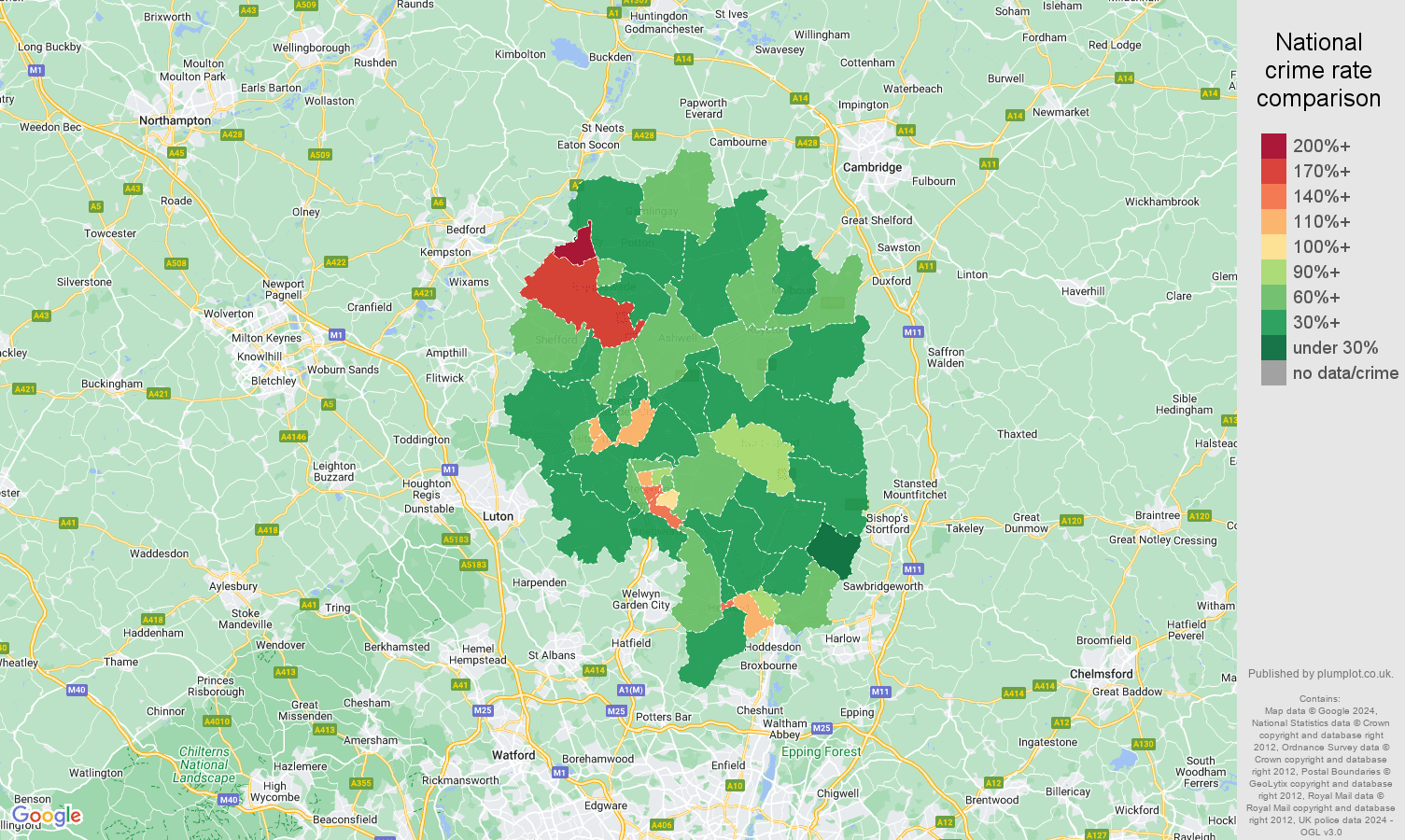 Stevenage other theft crime rate comparison map