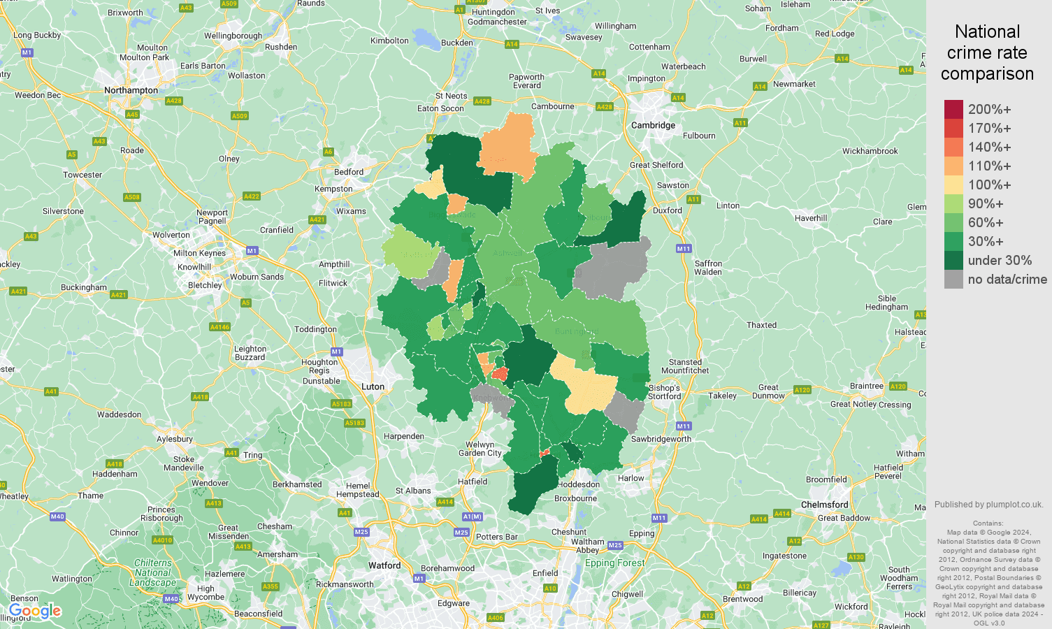 Stevenage possession of weapons crime rate comparison map