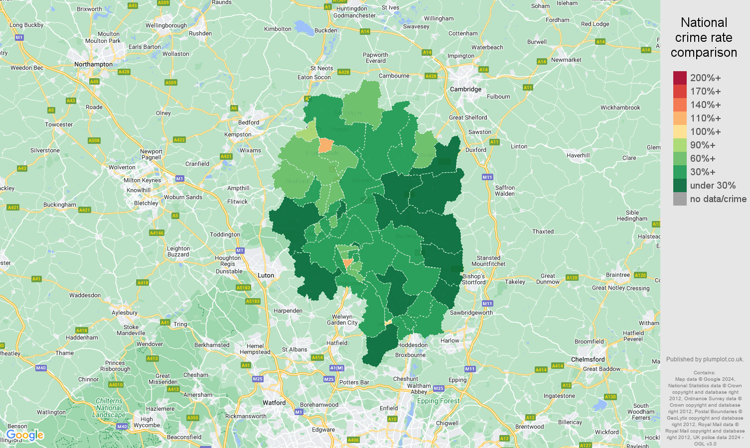 Stevenage public order crime rate comparison map