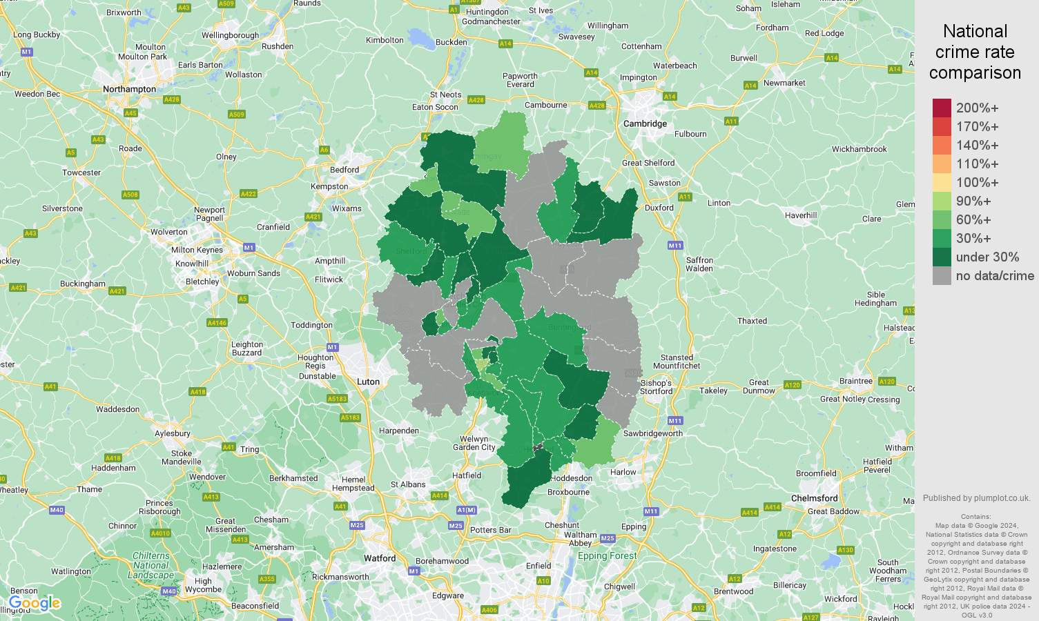 Stevenage robbery crime rate comparison map