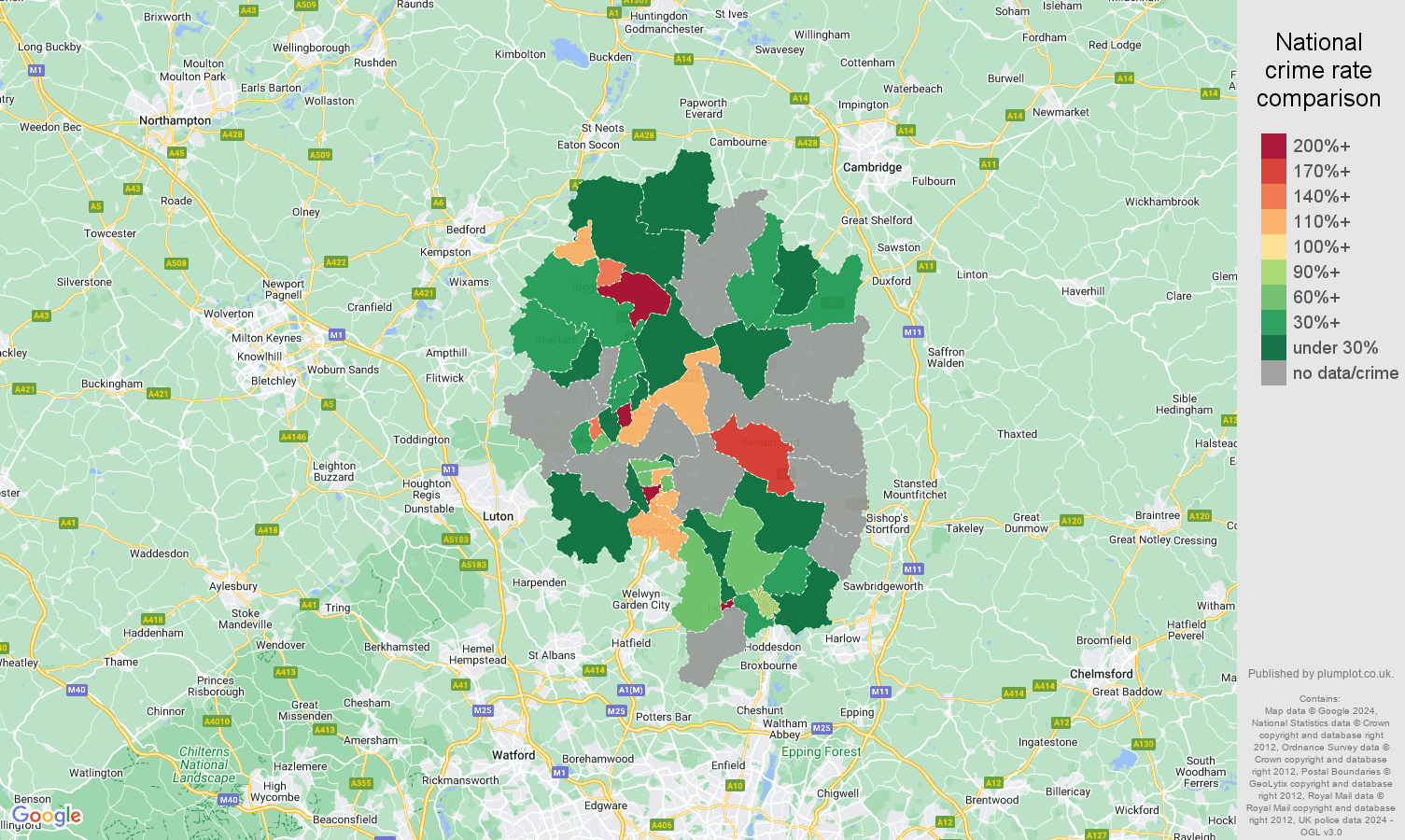 Stevenage shoplifting crime rate comparison map