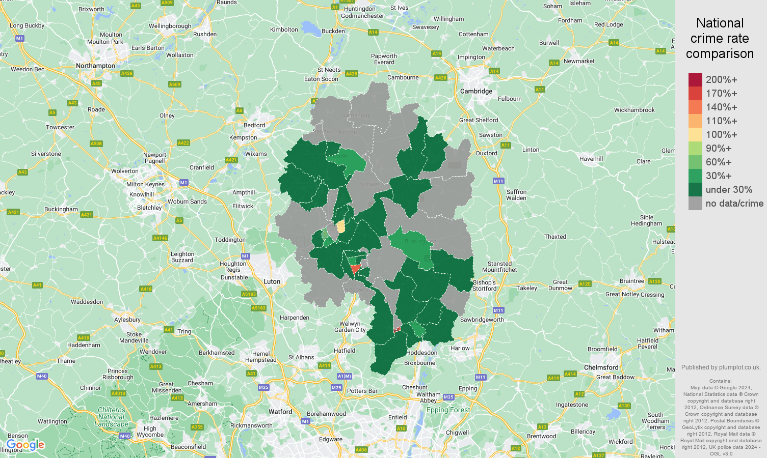Stevenage theft from the person crime rate comparison map