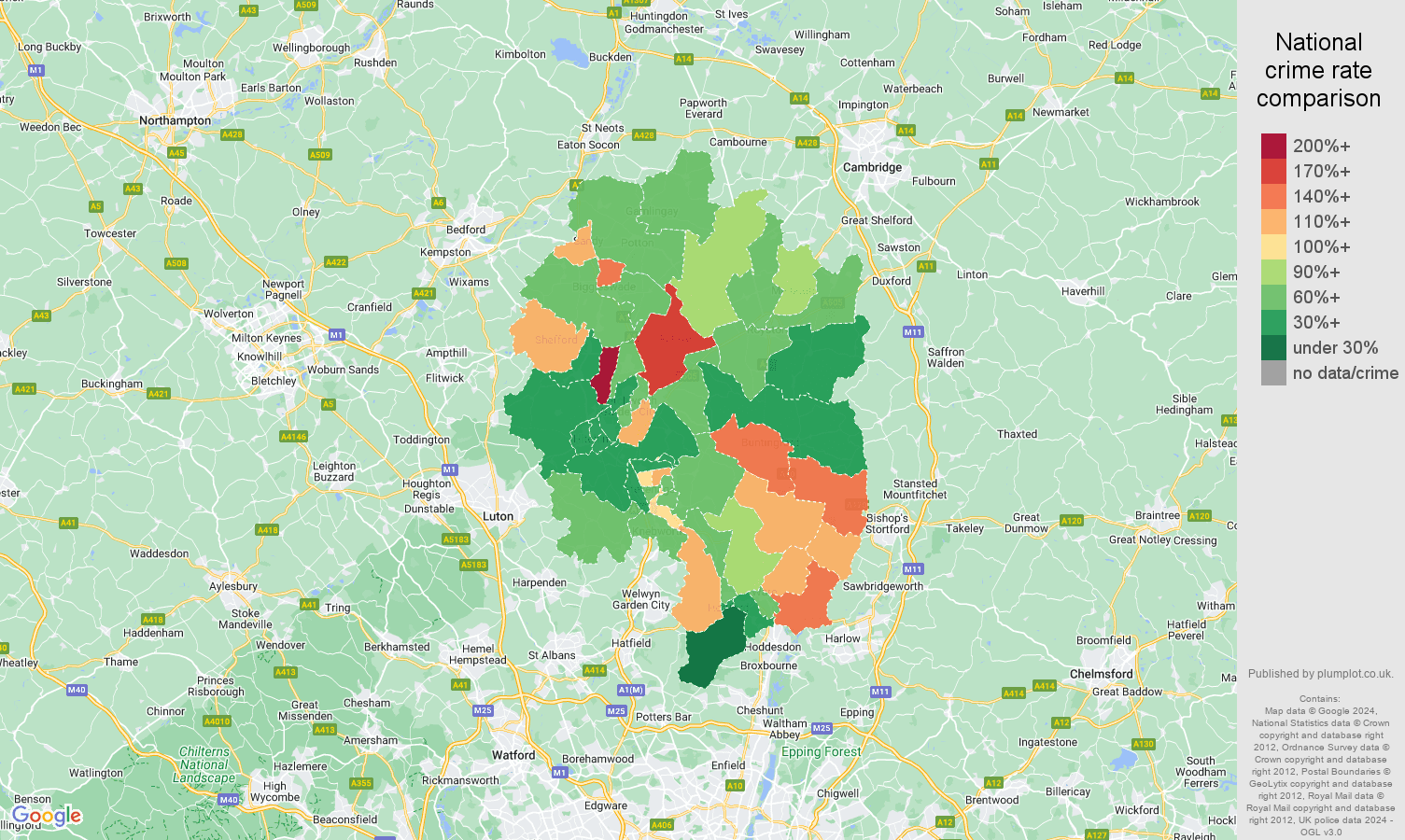 Stevenage vehicle crime rate comparison map