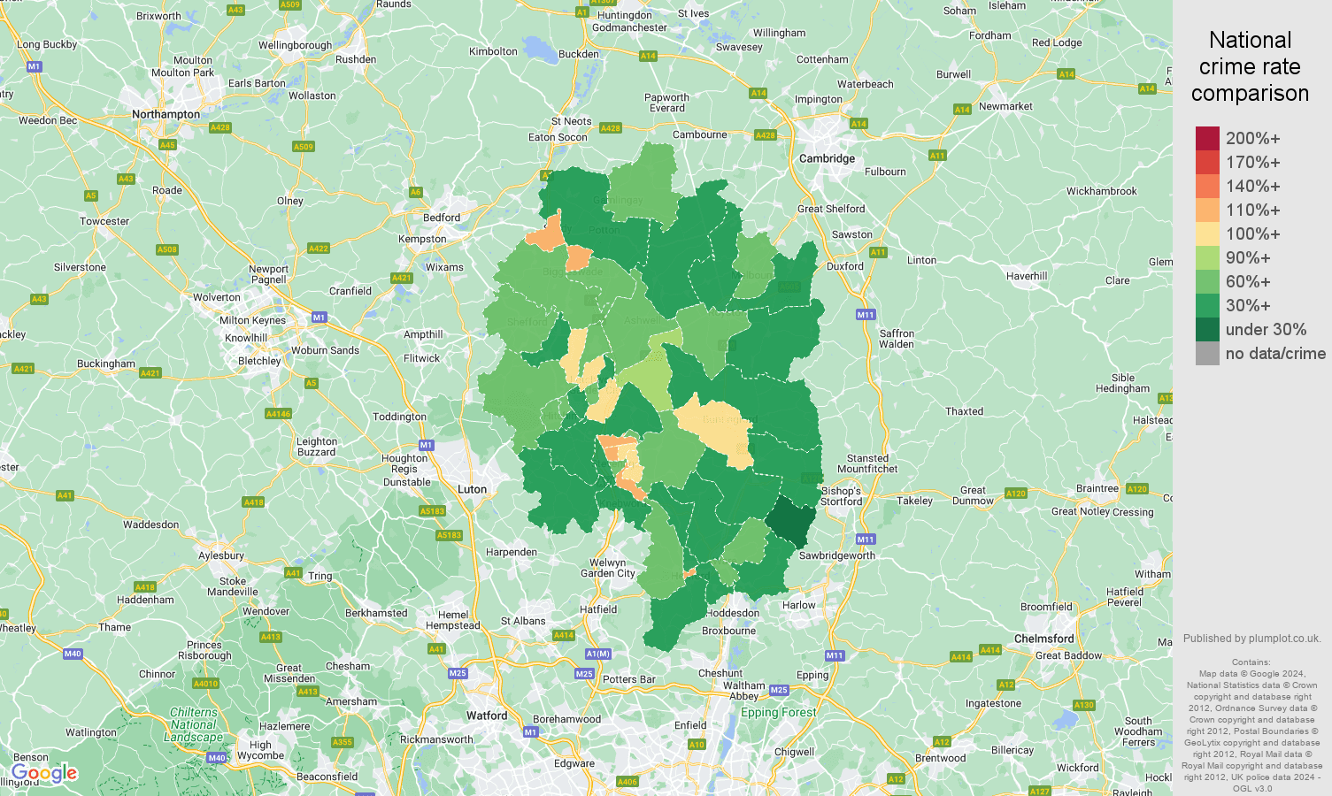 Stevenage violent crime rate comparison map