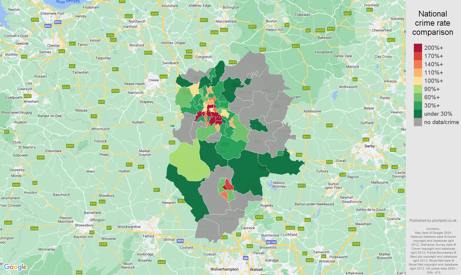 Stoke on Trent bicycle theft crime rate comparison map