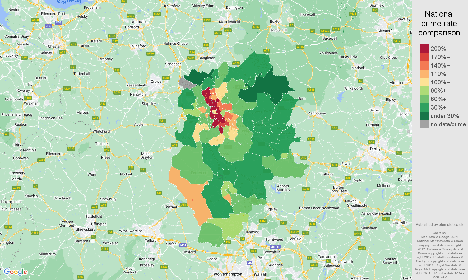 Stoke on Trent burglary crime rate comparison map
