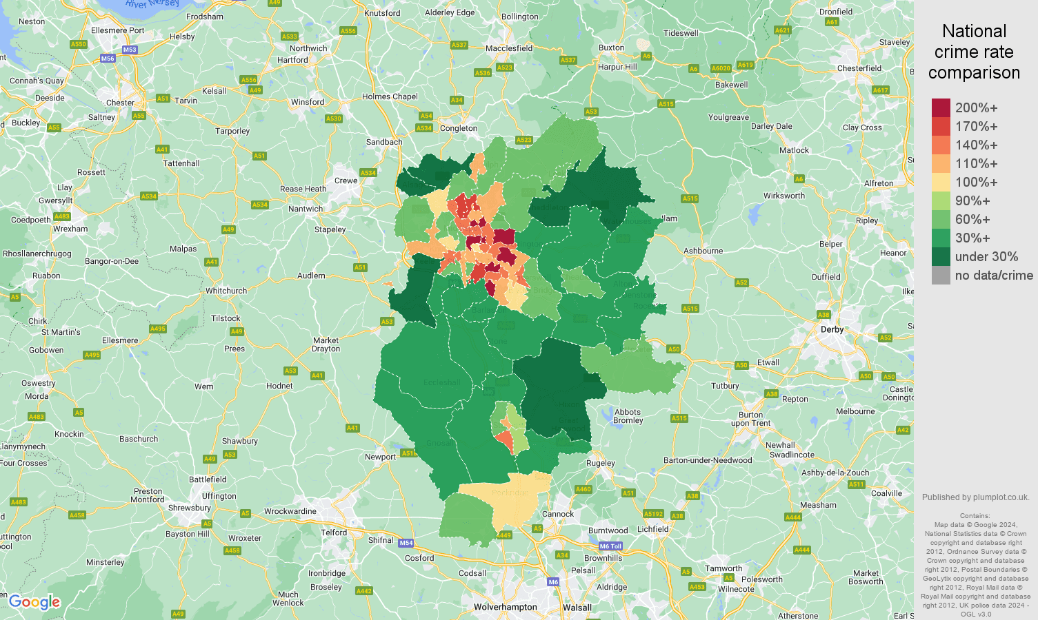 Stoke on Trent criminal damage and arson crime rate comparison map