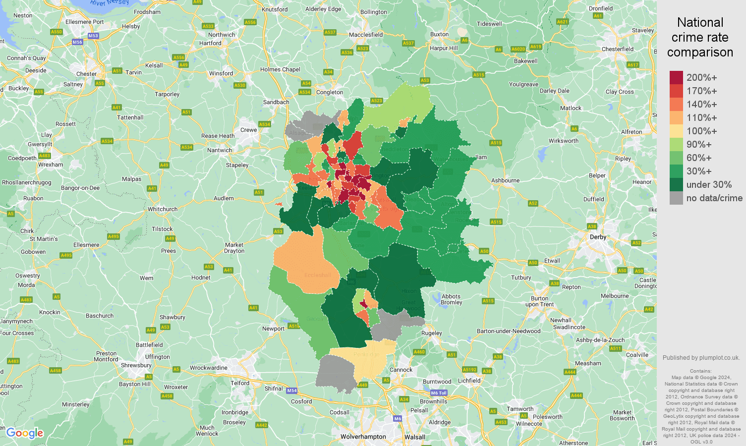 Stoke on Trent possession of weapons crime rate comparison map