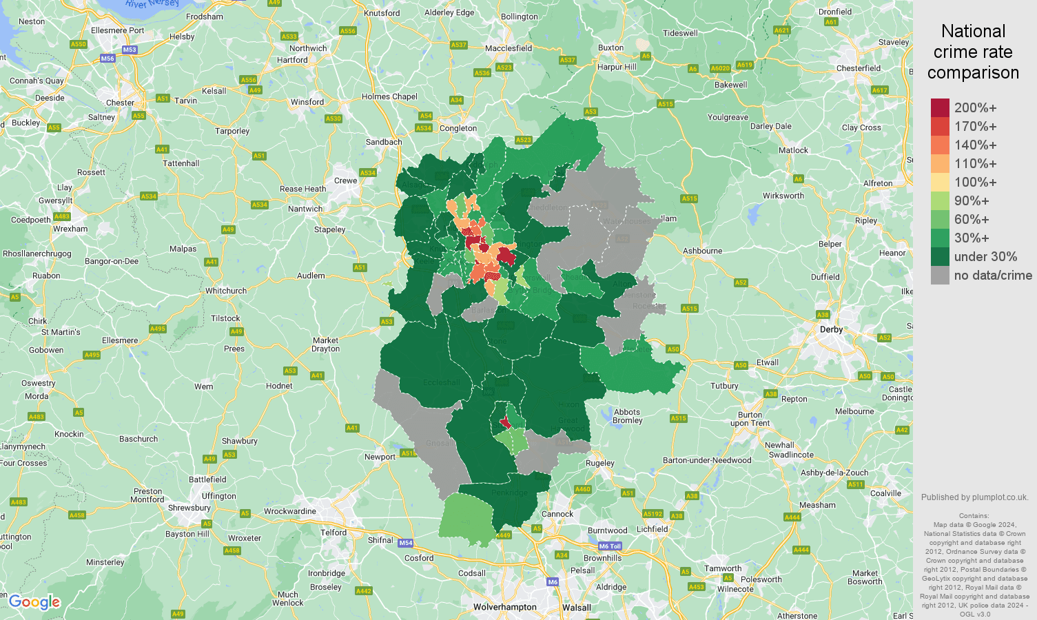 Stoke on Trent robbery crime rate comparison map